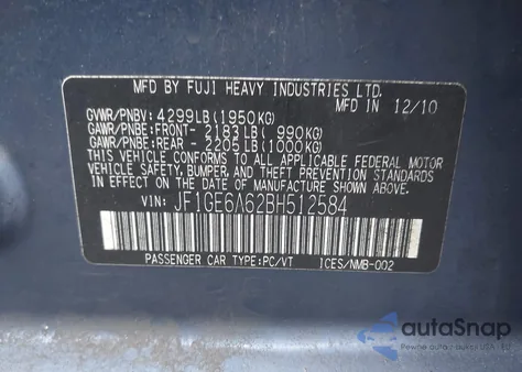 2011 Subaru Impreza 2.5I z USA, uszkodzony, nr VIN JF1GE6A62BH512584